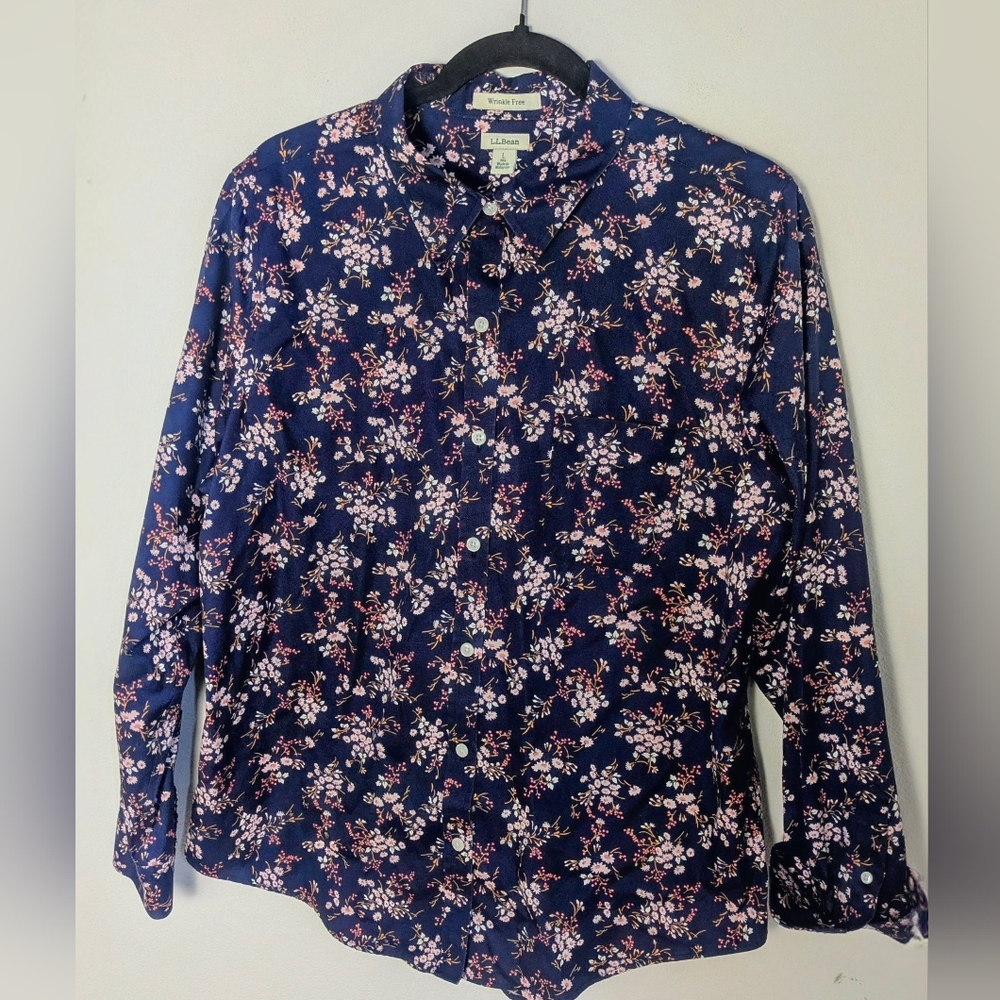 L.L. BEAN Floral WRINKLE FREE Cotton Button Down Shirt Navy Pink Size L EUC